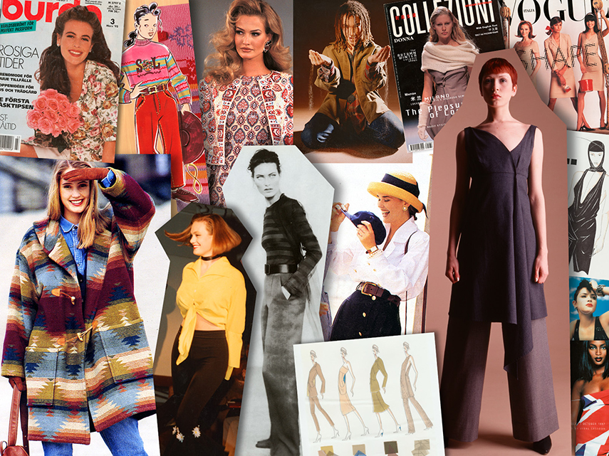 Collage med olika modebilder från 1990-talet.